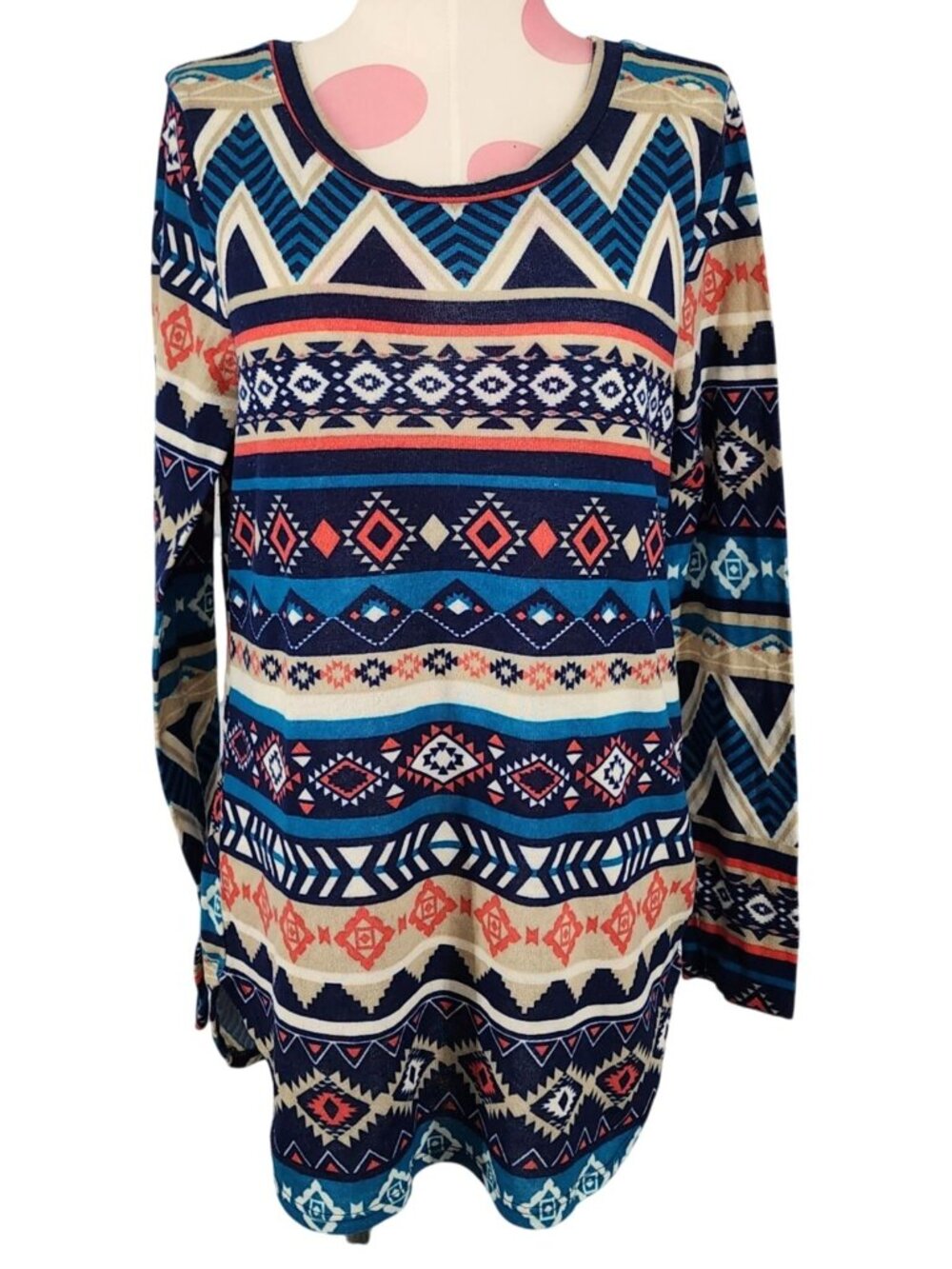 Women's Derek Heart Thin Sweater Blouse Large Colorful Print Southwestern Style